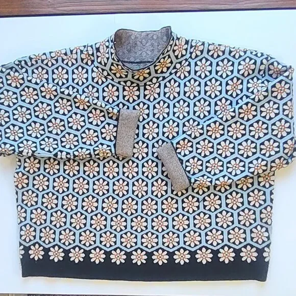 Maeve x Anthropologie The Carys Floral Sweater Blue & Cream Boho Casual Size XL - Picture 2 of 9